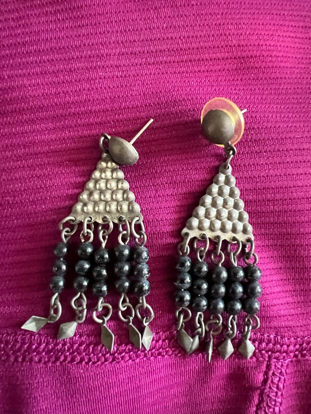 Vintage Handmade Silver-Tone Black Beaded Dangle Earrings